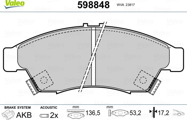 Valeo 598848 - Гальмівні колодки, дискові гальма autozip.com.ua