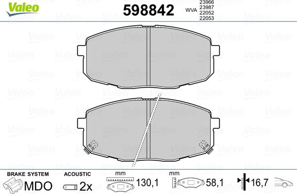 Valeo 598842 - Гальмівні колодки, дискові гальма autozip.com.ua