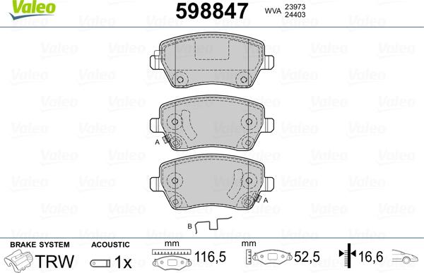 Valeo 598847 - Гальмівні колодки, дискові гальма autozip.com.ua