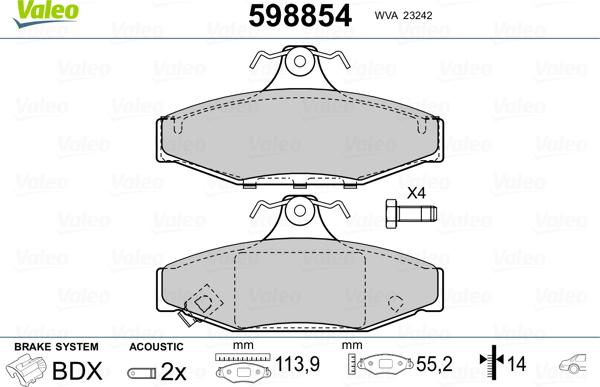 Valeo 598854 - Гальмівні колодки, дискові гальма autozip.com.ua