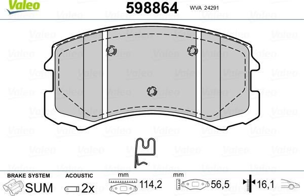 Valeo 598864 - Гальмівні колодки, дискові гальма autozip.com.ua