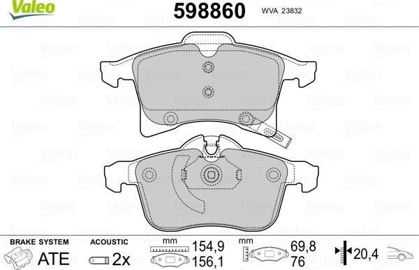 Valeo 598860 - Гальмівні колодки, дискові гальма autozip.com.ua