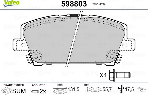VALEO 598803 - Гальмівні колодки, дискові гальма autozip.com.ua