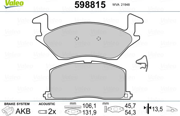 Valeo 598815 - Гальмівні колодки, дискові гальма autozip.com.ua