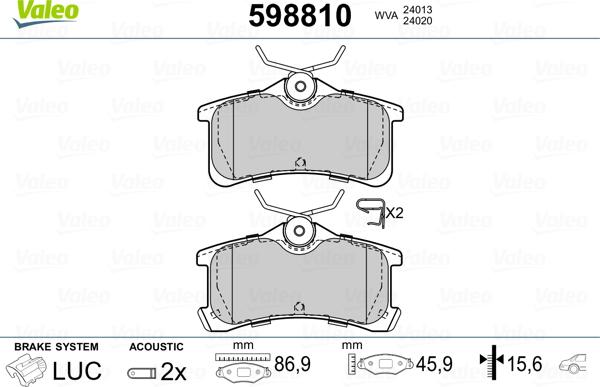 Valeo 598810 - Гальмівні колодки, дискові гальма autozip.com.ua