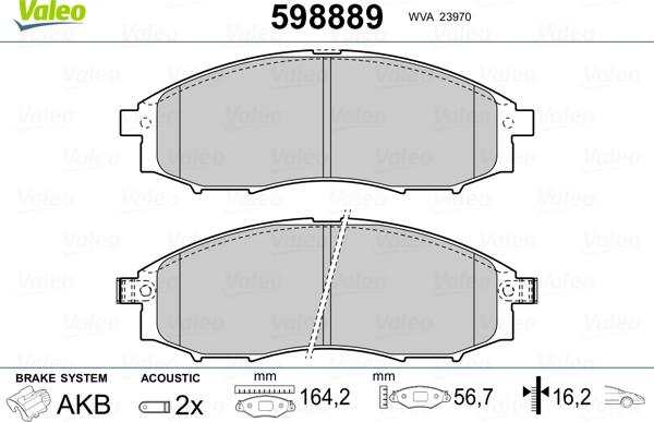 Valeo 598889 - Гальмівні колодки, дискові гальма autozip.com.ua