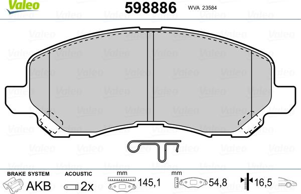 Valeo 598886 - Гальмівні колодки, дискові гальма autozip.com.ua