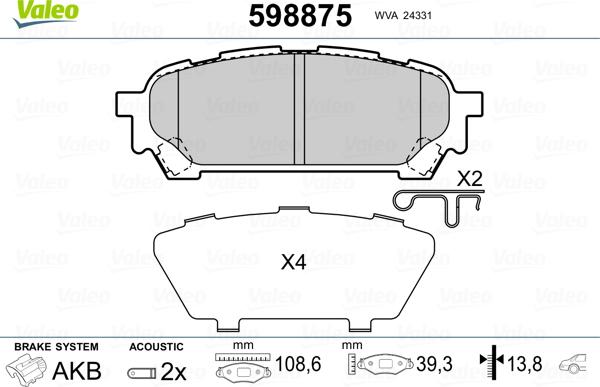 Valeo 598875 - Гальмівні колодки, дискові гальма autozip.com.ua