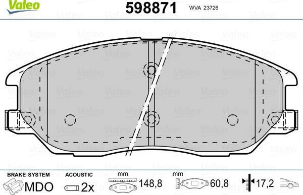 Valeo 598871 - Гальмівні колодки, дискові гальма autozip.com.ua