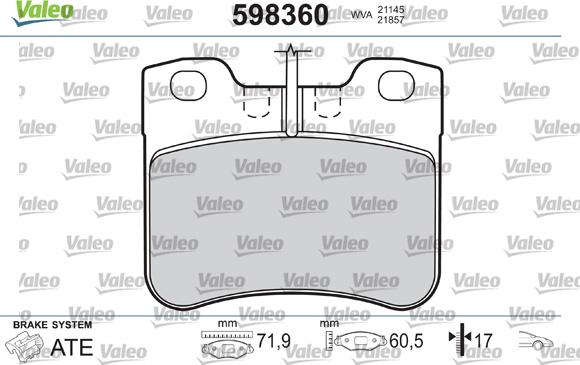 Valeo 598360 - Гальмівні колодки, дискові гальма autozip.com.ua