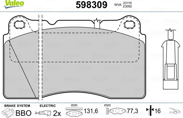 Valeo 598309 - Гальмівні колодки, дискові гальма autozip.com.ua