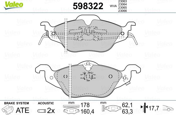 VALEO 598322 - Гальмівні колодки, дискові гальма autozip.com.ua