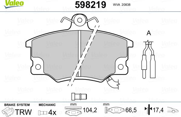 Valeo 598219 - Гальмівні колодки, дискові гальма autozip.com.ua