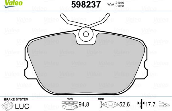VALEO 598237 - Гальмівні колодки, дискові гальма autozip.com.ua