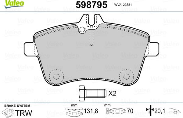 Valeo 598795 - Гальмівні колодки, дискові гальма autozip.com.ua