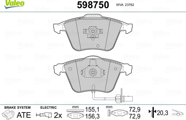 Valeo 598750 - Гальмівні колодки, дискові гальма autozip.com.ua