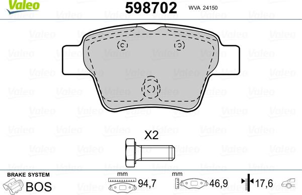 Valeo 598702 - Гальмівні колодки, дискові гальма autozip.com.ua