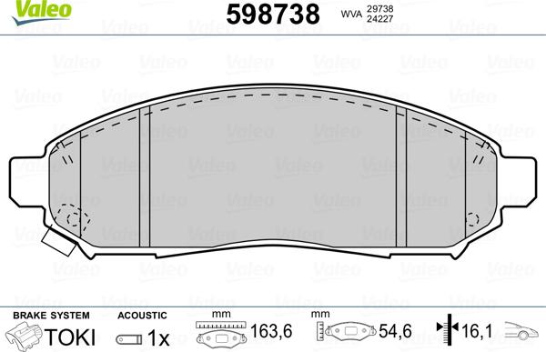 VALEO 598738 - Гальмівні колодки, дискові гальма autozip.com.ua