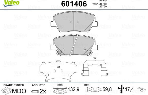 Valeo 601406 - Гальмівні колодки, дискові гальма autozip.com.ua