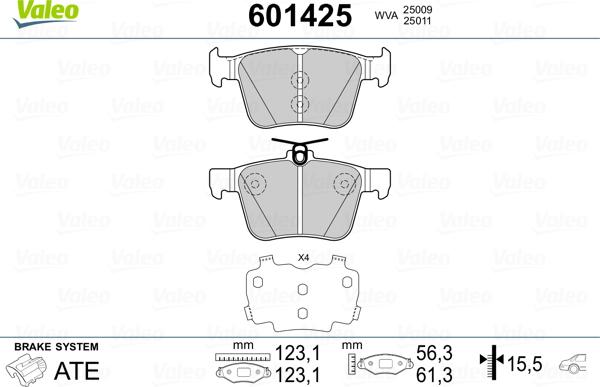 Valeo 601425 - Гальмівні колодки, дискові гальма autozip.com.ua