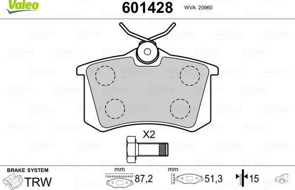 Valeo 601428 - Гальмівні колодки, дискові гальма autozip.com.ua