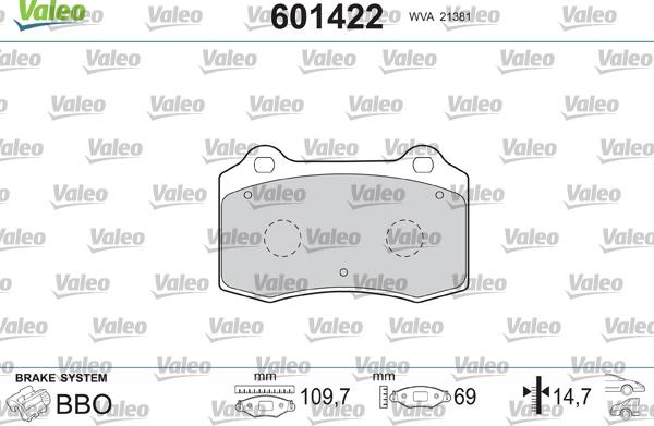Valeo 601422 - Гальмівні колодки, дискові гальма autozip.com.ua