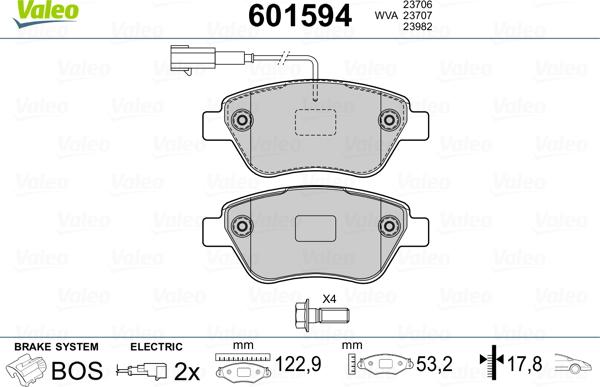 Valeo 601594 - Гальмівні колодки, дискові гальма autozip.com.ua