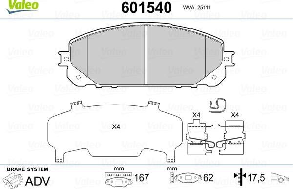 Valeo 601540 - Гальмівні колодки, дискові гальма autozip.com.ua