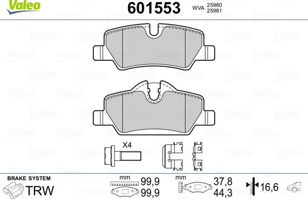 Valeo 601553 - Гальмівні колодки, дискові гальма autozip.com.ua