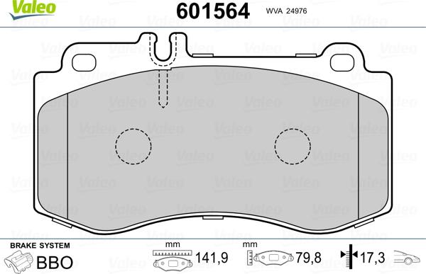 Valeo 601564 - Гальмівні колодки, дискові гальма autozip.com.ua