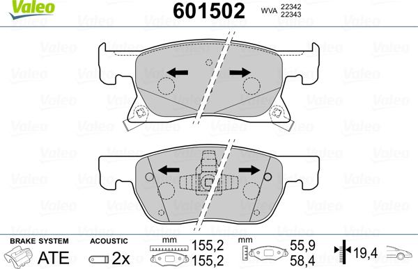 Valeo 601502 - Гальмівні колодки, дискові гальма autozip.com.ua