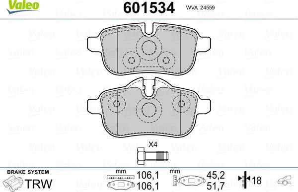 Valeo 601534 - Гальмівні колодки, дискові гальма autozip.com.ua