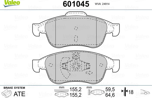 Valeo 601045 - Гальмівні колодки, дискові гальма autozip.com.ua