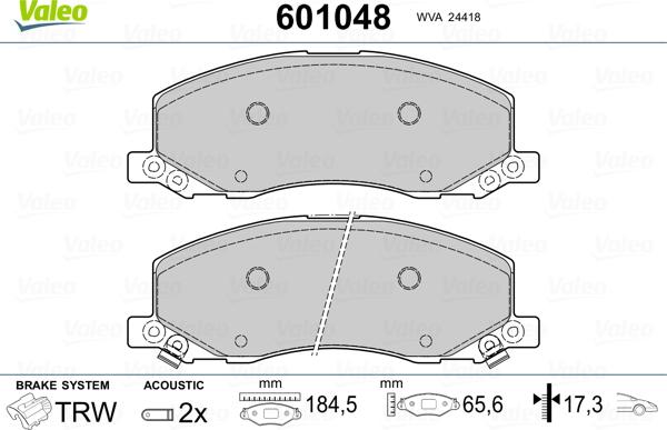 Valeo 601048 - Гальмівні колодки, дискові гальма autozip.com.ua