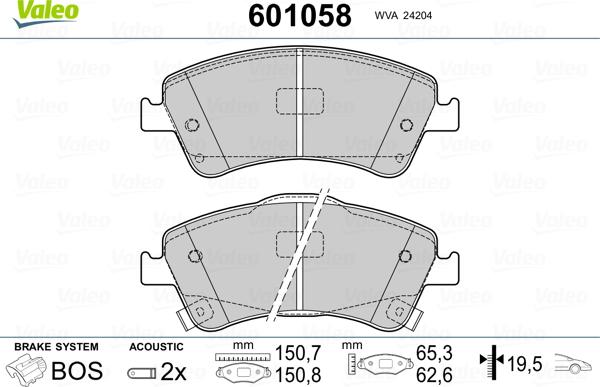 Valeo 601058 - Гальмівні колодки, дискові гальма autozip.com.ua