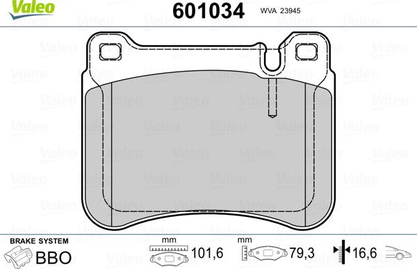 Valeo 601034 - Гальмівні колодки, дискові гальма autozip.com.ua