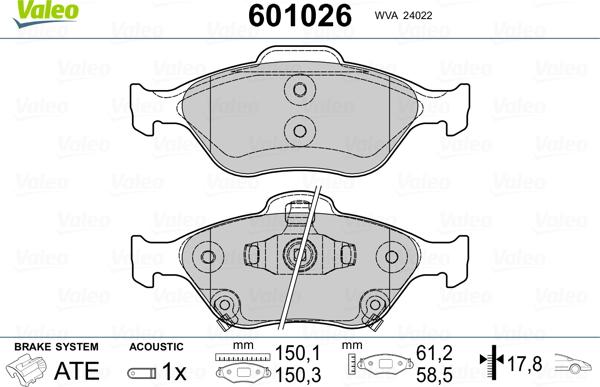 Valeo 601026 - Гальмівні колодки, дискові гальма autozip.com.ua