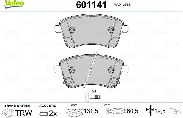 Valeo 601141 - Гальмівні колодки, дискові гальма autozip.com.ua