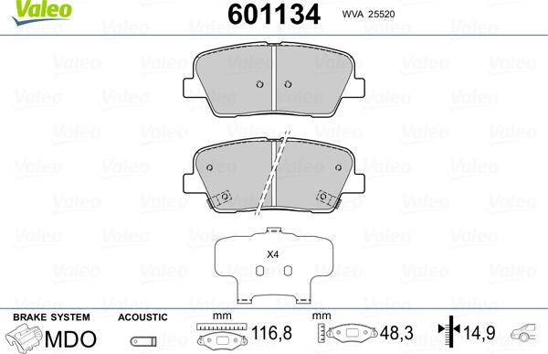 Valeo 601134 - Гальмівні колодки, дискові гальма autozip.com.ua