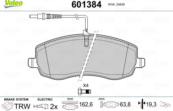 Valeo 601384 - Гальмівні колодки, дискові гальма autozip.com.ua