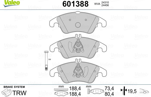 Valeo 601388 - Гальмівні колодки, дискові гальма autozip.com.ua