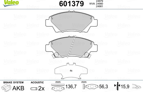 Valeo 601379 - Гальмівні колодки, дискові гальма autozip.com.ua