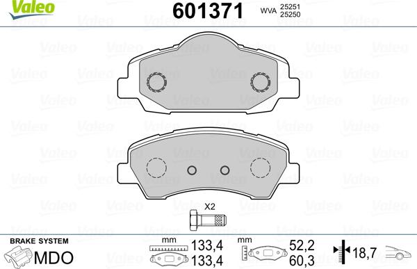 Valeo 601371 - Гальмівні колодки, дискові гальма autozip.com.ua