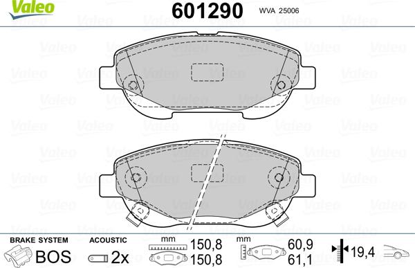 Valeo 601290 - Гальмівні колодки, дискові гальма autozip.com.ua