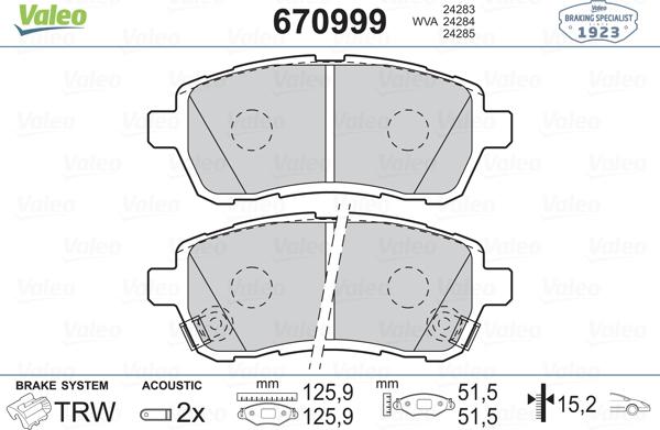 Valeo 670999 - Гальмівні колодки, дискові гальма autozip.com.ua