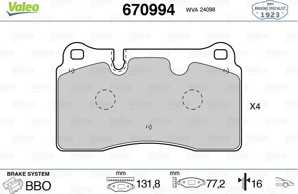 VALEO 670994 - Гальмівні колодки, дискові гальма autozip.com.ua