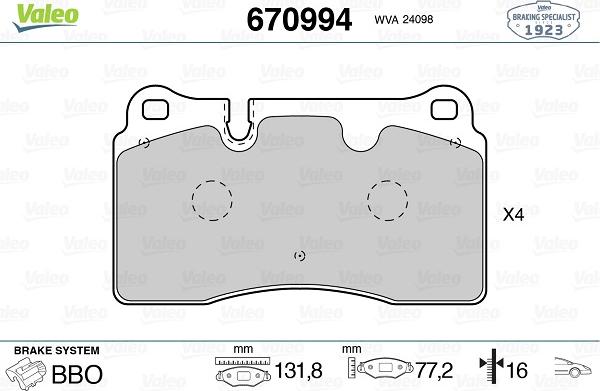 Valeo 670994 - Гальмівні колодки, дискові гальма autozip.com.ua