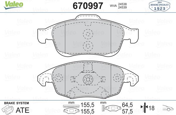 Valeo 670997 - Гальмівні колодки, дискові гальма autozip.com.ua