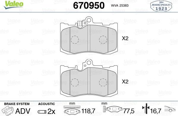 Valeo 670950 - Гальмівні колодки, дискові гальма autozip.com.ua