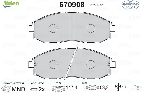 Valeo 670908 - Гальмівні колодки, дискові гальма autozip.com.ua